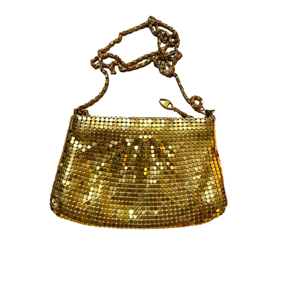 Vintage Gold Mesh Evening Bag Clutch Small Gold Chain Strap EUC Disco Shiny